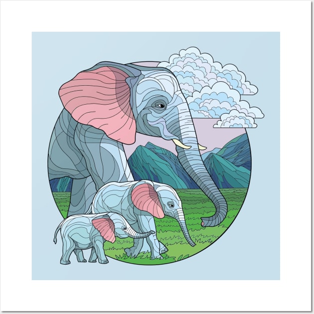 Serenity of the Savanna: Stained Glass Style Circle Design T-Shirt with Elephant and Calves Wall Art by ConnectingtoNature